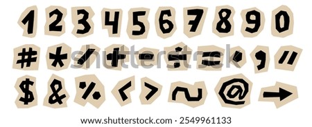 Paper cut out numbers and signs collection. Punctuation marks and characters collage set. Kid cut symbols, brackets, elements bundle for decoration, poster, banner, print. Ransom style pack. Vector