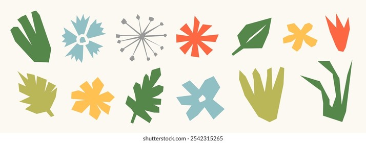 Colección de Elementos orgánicos cortados en papel. Colorido conjunto de forma de collage floral abstracto. Plantas cortadas para niños, flores, hojas de Paquete para la decoración, cartel, Anuncio, impresión. Paquete de ilustración para niños. Vector