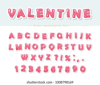 Paper cut out pink decorative font. Cartoon ABC letters and numbers. Perfect for Valentine s day cards, cute design for girls. Vector