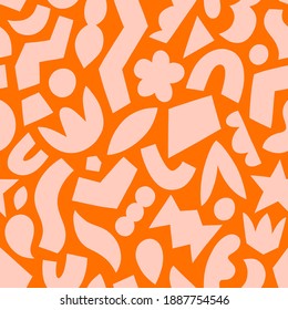 Paper cut out, pink on orange, fun abstract geometric shapes, vector seamless pattern