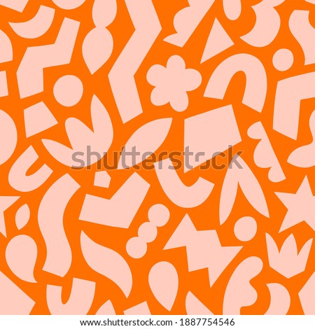 Paper cut out, pink on orange, fun abstract geometric shapes, vector seamless pattern