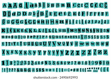 Paper Cut out ransom vector letters alphabet. Blackmail or Ransom Kidnapper Anonymous Note Font. Latin Letters, Numbers and punctuation symbols. Collage style criminal ransom letters. Compose your own