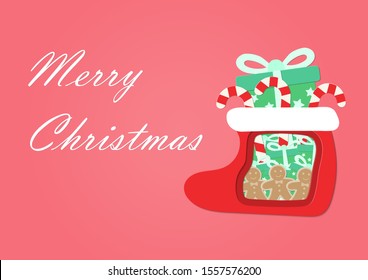 Paper cut out red sock with gifts and candy inside.card and background.