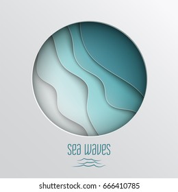 Paper cut out round frame with abstract blue sea summer background with curve paper wave and seacoast for banner, poster or web site design. Paper cut style, sea waves text, vector illustration