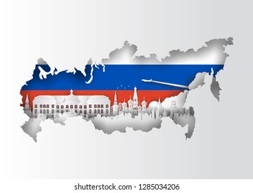 Paper cut out of Russia map and famous landmark on flag,vector paper art and digital craft style
