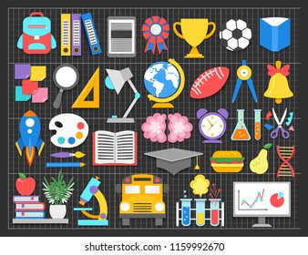 Paper cut out school icons trendy craft style set . Modern teaching, education and learning symbol design. Background for poster, banner. Vector illustration.