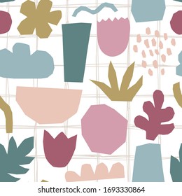 Paper cut out shapes pattern on check bakground. Contemporary trendy texture for fabric and cover design. Cute collage for children craft