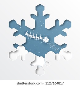 paper cut out snowflakes on background with santa claus on the sky,paper art style illustration.