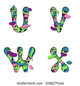 Paper cut out style alphabet and numbers in bright pink, green, blue and purple colors.Letters U, V, W, X.  Vector illustration with hand drawn letter shapes.