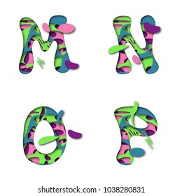 Paper cut out style alphabet and numbers in bright pink, green, blue and purple colors. Letters M, N, O, P. Vector illustration with hand drawn letter shapes.