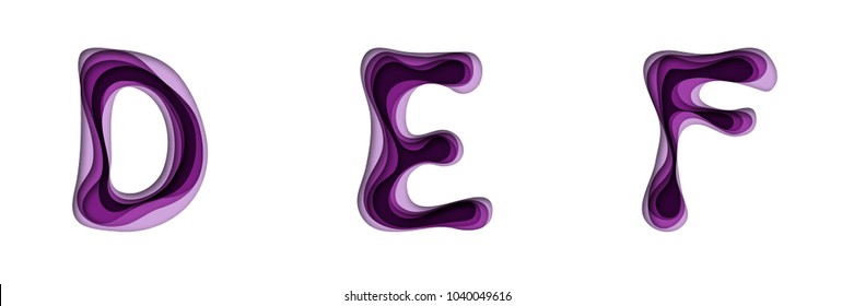 Paper cut out style alphabet and numbers in ultraviolet and shades of purple color. Letters d, e, f. Vector illustration with hand drawn letter shapes.