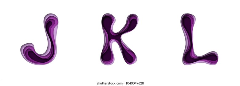 Paper cut out style alphabet and numbers in ultraviolet and shades of purple color. Letters j, k, l. Vector illustration with hand drawn letter shapes.