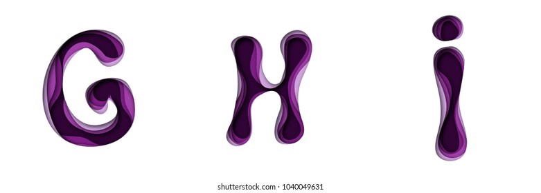 Paper cut out style alphabet and numbers in ultraviolet and shades of purple color. Letters g, h, i. Vector illustration with hand drawn letter shapes.