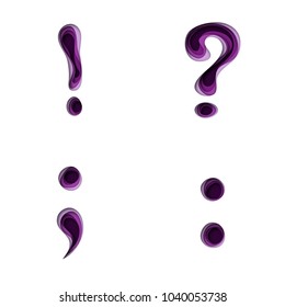 Paper cut out style alphabet in ultraviolet and shades of purple color. Punctuation symbols exclamation mark, question mark, semicolon, colon. Vector illustration with hand drawn letter shapes.