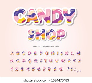 Paper cut out sweet font design. Candy ABC letters and numbers. Glossy 3d alphabet. Vector illustration