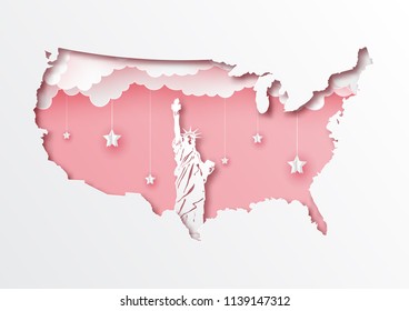 Paper cut out of USA map and famous landmark,vector paper art and digital craft style.