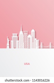 Paper cut out of USA map and famous landmark,vector paper art and digital craft style.
