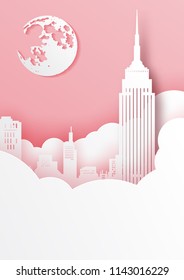 Paper Cut Out Of USA Map And Famous Landmark,vector Paper Art And Digital Craft Style.
