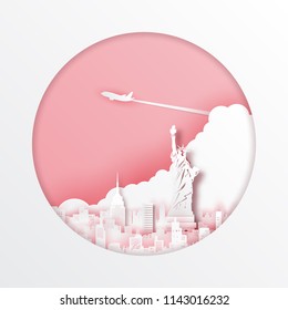 Paper cut out of USA map and famous landmark,vector paper art and digital craft style.
