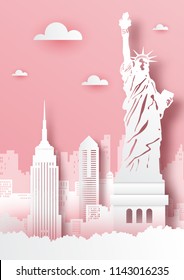 Paper cut out of USA map and famous landmark,vector paper art and digital craft style.
