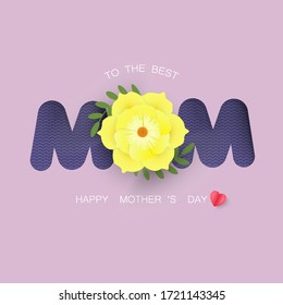 Ein ausgeschnitt Vektor der Muttertagskarte mit floralem Text "TO THE BEST MOM" und "HAPPY MUTTER'S DAY" auf hellviolettem Hintergrund. Grußkartengrafik