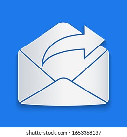 Paper cut Outgoing mail icon isolated on blue background. Envelope symbol. Outgoing message sign. Mail navigation button. Paper art style. Vector Illustration