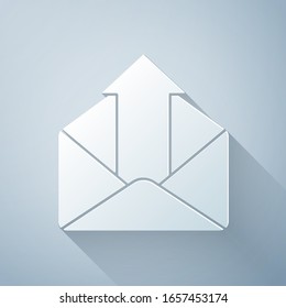 Paper cut Outgoing mail icon isolated on grey background. Envelope symbol. Outgoing message sign. Mail navigation button. Paper art style. Vector Illustration