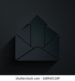 Paper cut Outgoing mail icon isolated on black background. Envelope symbol. Outgoing message sign. Mail navigation button. Paper art style. Vector Illustration