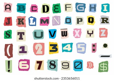 Paper Cut outs ransom note letters alphabet. Cut Ransom Blackmail Collage Kidnapper Criminal Anonymous Notes Font y2k style. Ransom Letters, Numbers, punctuation marks from newspaper or magazine