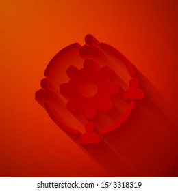 Paper cut Outsourcing concept icon isolated on red background. Cooperation sign. Idea of teamwork and investment. Paper art style. Vector Illustration