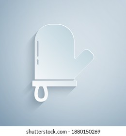 Paper cut Oven glove icon isolated on grey background. Kitchen potholder sign. Cooking glove. Paper art style. Vector.