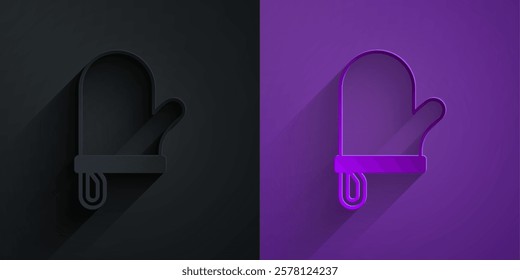 Paper cut Oven glove icon isolated on black on purple background. Kitchen potholder sign. Cooking glove. Paper art style. Vector