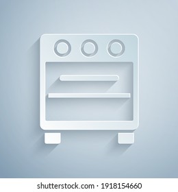Icono de cortar papel Horno aislado en fondo gris. Señal del horno de gas de repuesto. Estilo de arte de papel. Vector.