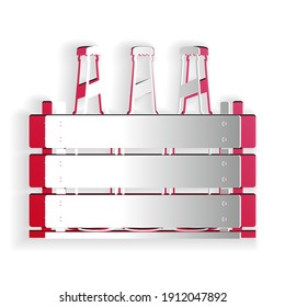 Paper cut Pack of beer bottles icon isolated on white background. Wooden box and beer bottles. Case crate beer box sign. Paper art style. Vector.