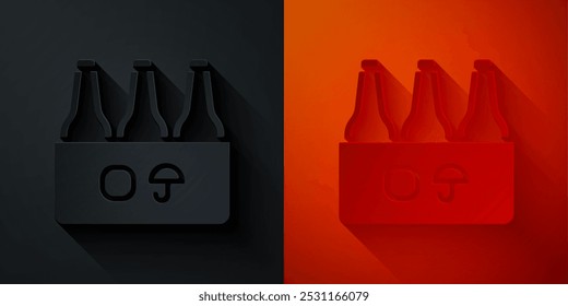 Paper cut Pack of beer bottles icon isolated on black and red background. Case crate beer box sign. Paper art style. Vector