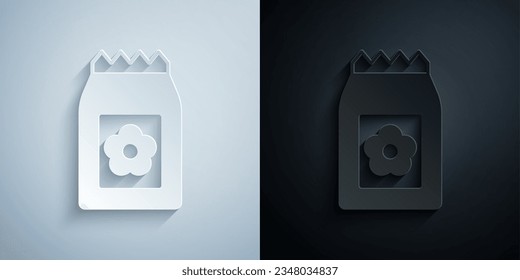 Paper cut Pack full of seeds of a specific plant icon isolated on grey and black background. Paper art style. Vector