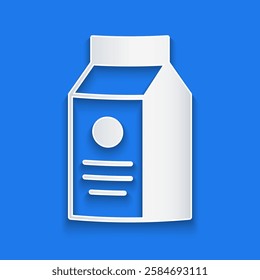 Paper cut Paper package for milk icon isolated on blue background. Milk packet sign. Paper art style. Vector