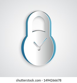 Paper cut Padlock with clock icon isolated on grey background. Time control concept. Lock and countdown, deadline, schedule, planning symbol. Paper art style. Vector Illustration