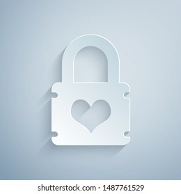Paper cut Padlock with heart icon isolated on grey background. Locked Heart. Love symbol and keyhole sign. Paper art style. Vector Illustration