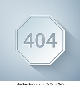 Paper cut Page with a 404 error icon isolated on grey background. Template reports that the page is not found. Paper art style. Vector Illustration