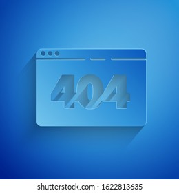 Paper cut Page with a 404 error icon isolated on blue background. Template reports that the page is not found. Paper art style. Vector Illustration