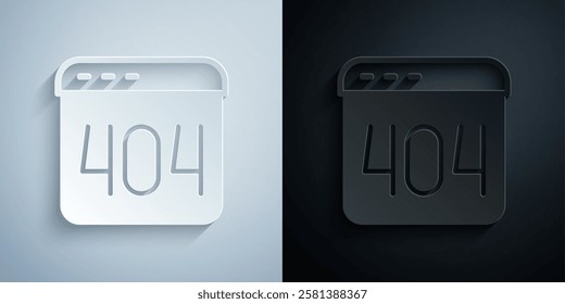 Paper cut Page with a 404 error icon isolated on grey and black background. Template reports that the page is not found. Paper art style. Vector