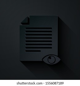 Paper cut Paper page with eye symbol icon isolated on black background. Open information file sign. Paper art style. Vector Illustration