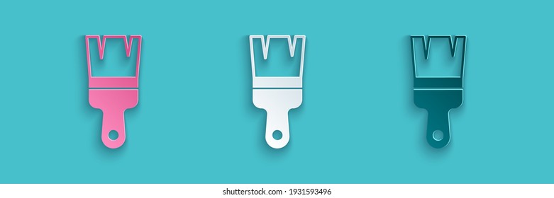 Papierschnitt Pinsel Symbol einzeln auf blauem Hintergrund. Kunststil aus Papier. Vektorgrafik