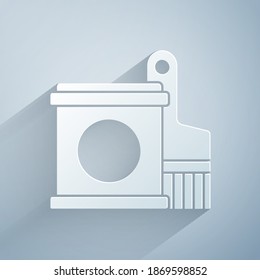 Paper cut Paint bucket and brush icon isolated on grey background. Paper art style. Vector
