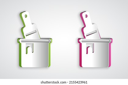 Paper cut Paint bucket with brush icon isolated on grey background. Paper art style. Vector