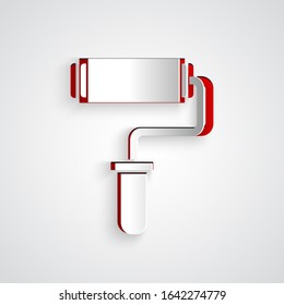 Paper cut Paint roller brush icon isolated on grey background. Paper art style. Vector Illustration