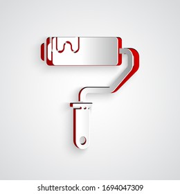 Paper cut Paint roller brush icon isolated on grey background. Paper art style. Vector Illustration