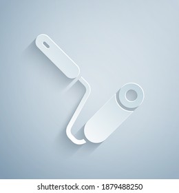 Paper cut Paint roller brush icon isolated on grey background. Paper art style. Vector.
