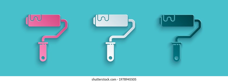 Recorte de papel Icono de pincel de rodillos de pintura aislado en fondo azul. Estilo de arte de papel. Ilustración vectorial